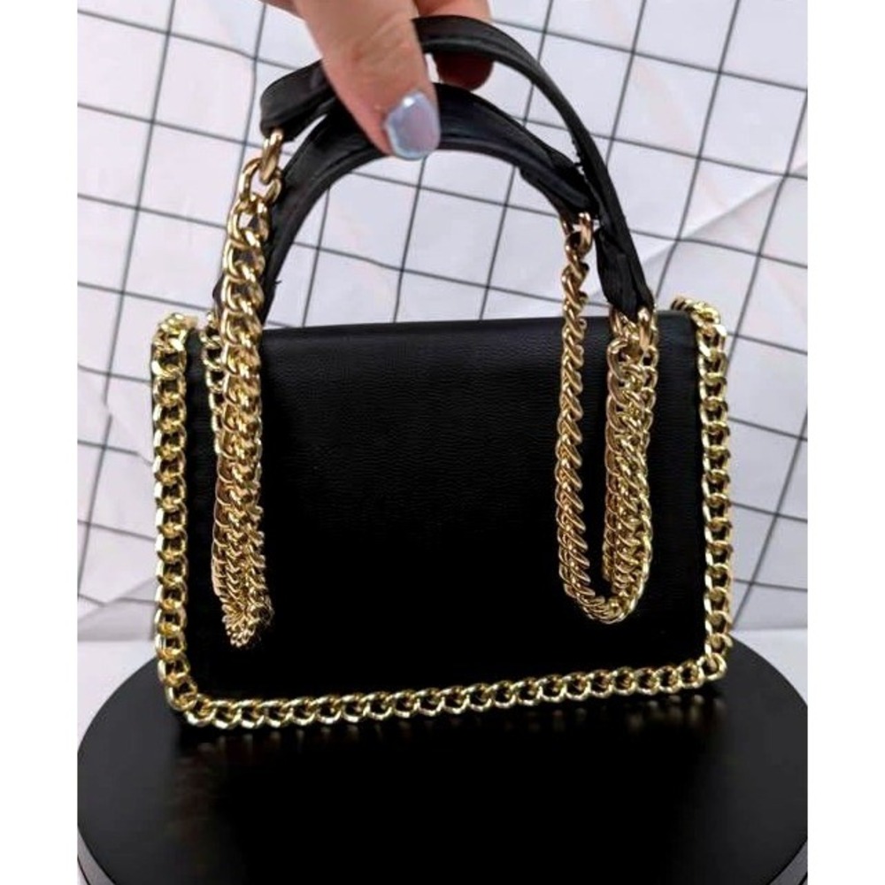 Pebbled Faux Leather/Black Double Handle/Purse‎ /Gold Chain Accents ~ Snap & Zip